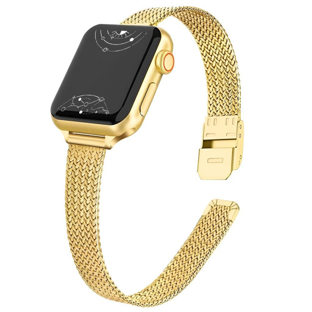 Gold Milanese Apple Watch Band with Case – Slim and Elegant Stainless Steel Mesh Strap for Apple Watch Series 1-10, SE, Ultra. Secure magnetic clasp.