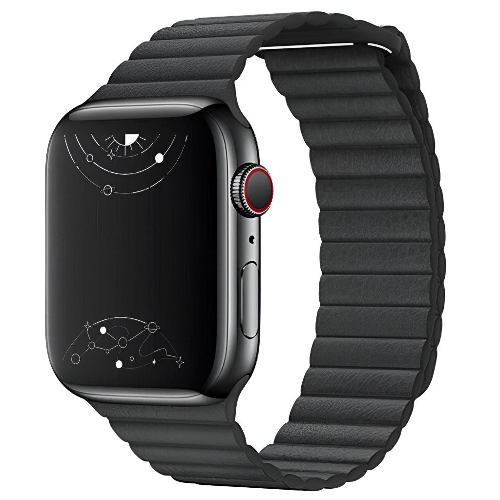 ​Marley Magnetic Leather Apple Watch Band in black, showcasing its sleek design and magnetic closure.​